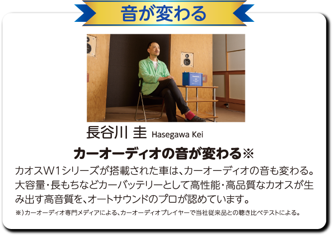音が変わる カーオーディオの音が変わる※ カオスW1シリーズが搭載された車は、カーオーディオの音も変わる。大容量・長もちなどカーバッテリーとして高性能・高品質なカオスが生み出す高音質を、オートサウンドのプロが認めています。※）カーオーディオ専門メディアによる、カーオーディオプレイヤーで当社従来品との聴き比べテストによる。長谷川 圭 フリージャーナリスト。株式会社ステレオサウンドが運営するオーディオ専門ウェブサイト、Stereo Sound ONLINE の“Auto Sound Web”マネージャーも務める。 同サイト主催のオートサウンドウェブグランプリにおいて、選考メンバーのひとり。
