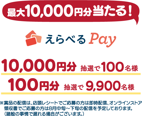 最大10,000円分当たる！選べるPay 10,000円分抽選で100名様、100円分抽選で9,900名様 賞品の配信は店頭レシートでご応募の方は即時配信、オンラインストア領収書でご応募の方は8月中旬～下旬の配信を予定しております。
            （諸般の事情で遅れる場合がございます。）