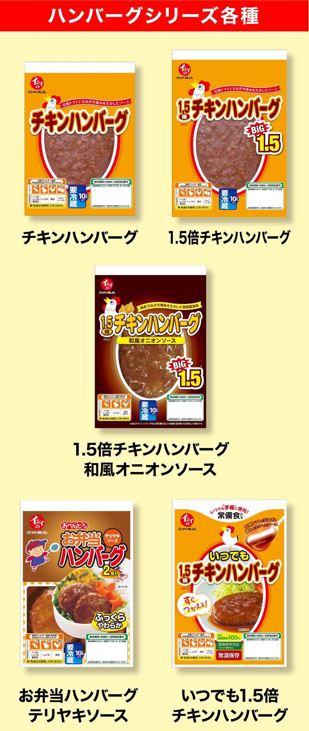 ハンバーグシリーズ各種 チキンハンバーグ / 1.5倍チキンハンバーグ / 1.5倍チキンハンバーグ 和風オニオンソース / お弁当ハンバーグ テリヤキソース / いつでも1.5倍 チキンハンバーグ /