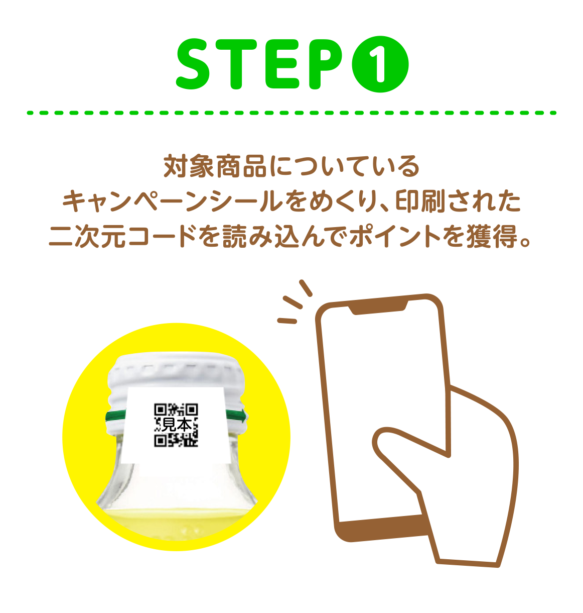 STEP1 対象商品についているキャンペーンシールをめくり、印刷された二次元コードを読み込んでポイントを獲得。