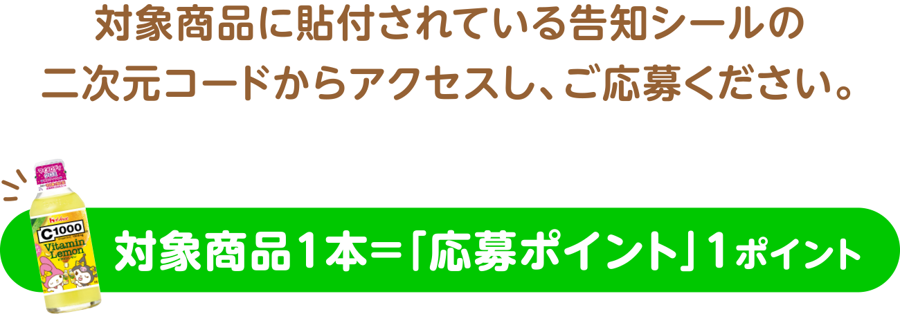対象商品に貼付されている告知シールの二次元コードからアクセスし、ご応募ください。対象商品1本=「応募ポイント」1ポイント
