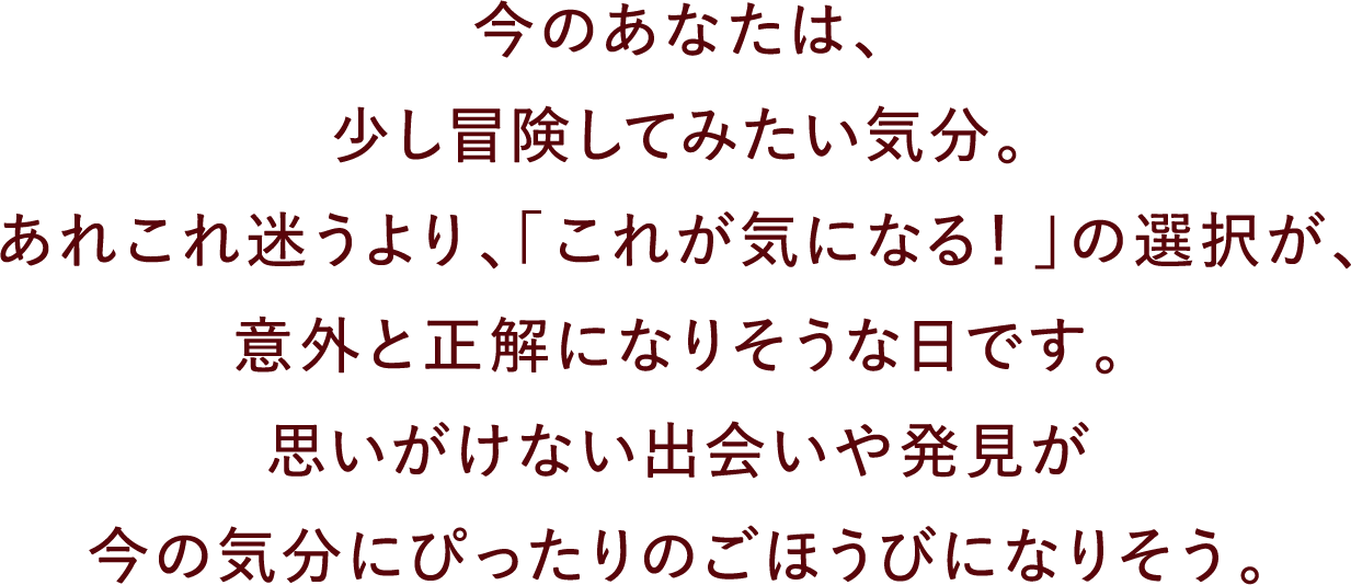 今のあなたは、少し冒険してみたい気分。あれこれ迷うより、「これが気になる！」の選択が、意外と正解になりそうな日です。思いがけない出会いや発見が今の気分にぴったりのごほうびになりそう。