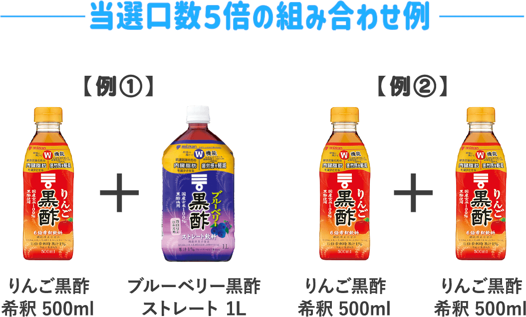 当選口数5倍の組み合わせ例 例①りんご黒酢希釈 500ml+ブルーベリー黒酢 ストレート 1L 例②りんご黒酢希釈 500ml+りんご黒酢希釈 500ml