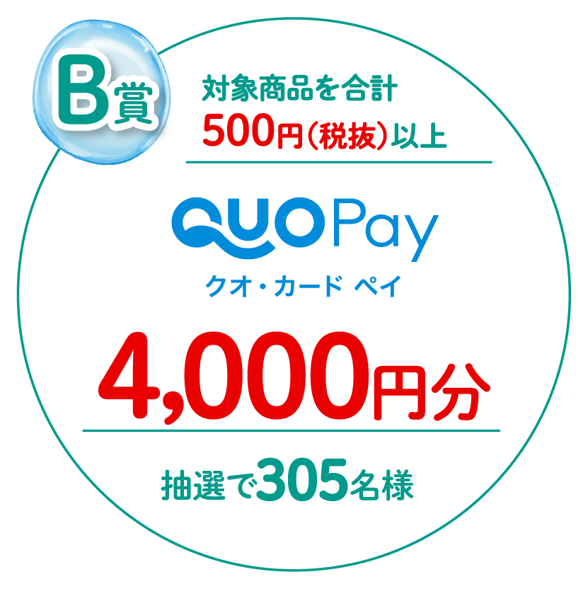 B賞：対象商品を合計500円（税抜）以上／QUOPay クオ・カード ペイ　4,000円分抽選で305名様