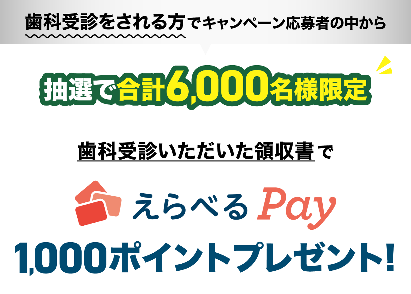 歯科受診をされる方でキャンペーン応募者の中から抽選で合計6,000名様限定 歯科受診いただいた領収書で えらべるPay　1,000ポイントプレゼント！