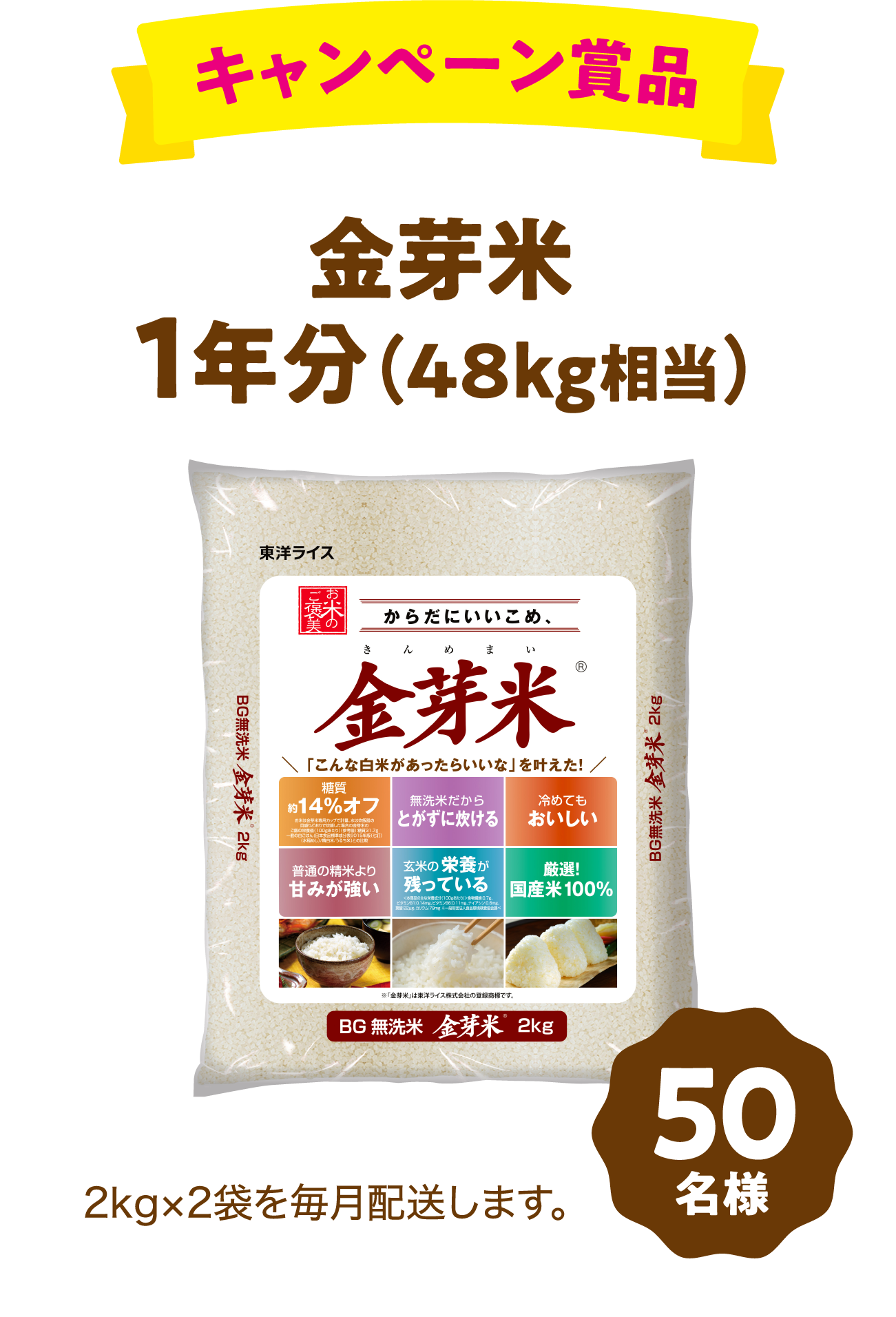 キャンペーン賞品 金芽米1年分（48kg相当）2kg×2袋を毎月配送します。＜50名様＞
