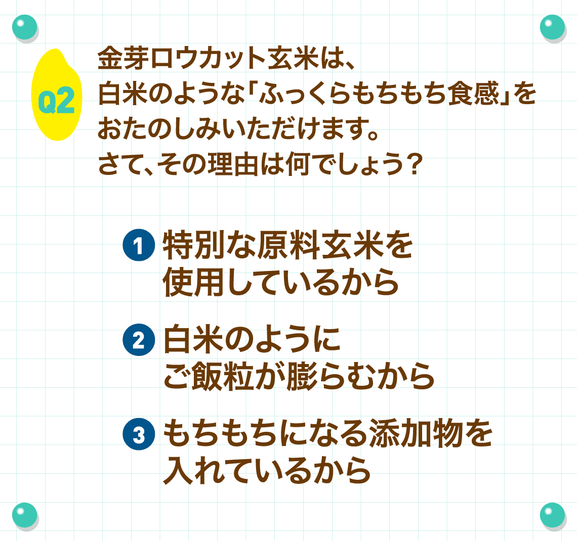 Q2.金芽ロウカット玄米は、白米のような「ふっくらもちもち食感」をおたのしみいただけます。さて、その理由は何でしょう？
        ①特別な原料玄米を使用しているから②白米のようにご飯粒が膨らむから③もちもちになる添加物を入れているから