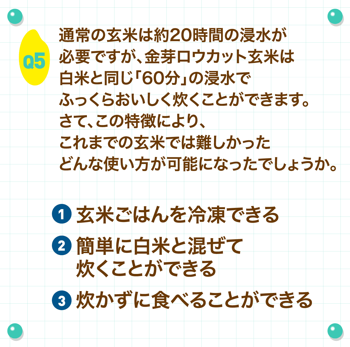 Q5.通常の玄米は約20時間の浸水が必要ですが、金芽ロウカット玄米は白米と同じ「60分」の浸水でふっくらおいしく炊くことができます。さて、この特徴により、これまでの玄米では難しかったどんな使い方が可能になったでしょうか。
        ①玄米ごはんを冷凍できる②簡単に白米と混ぜて炊くことができる③炊かずに食べることができる