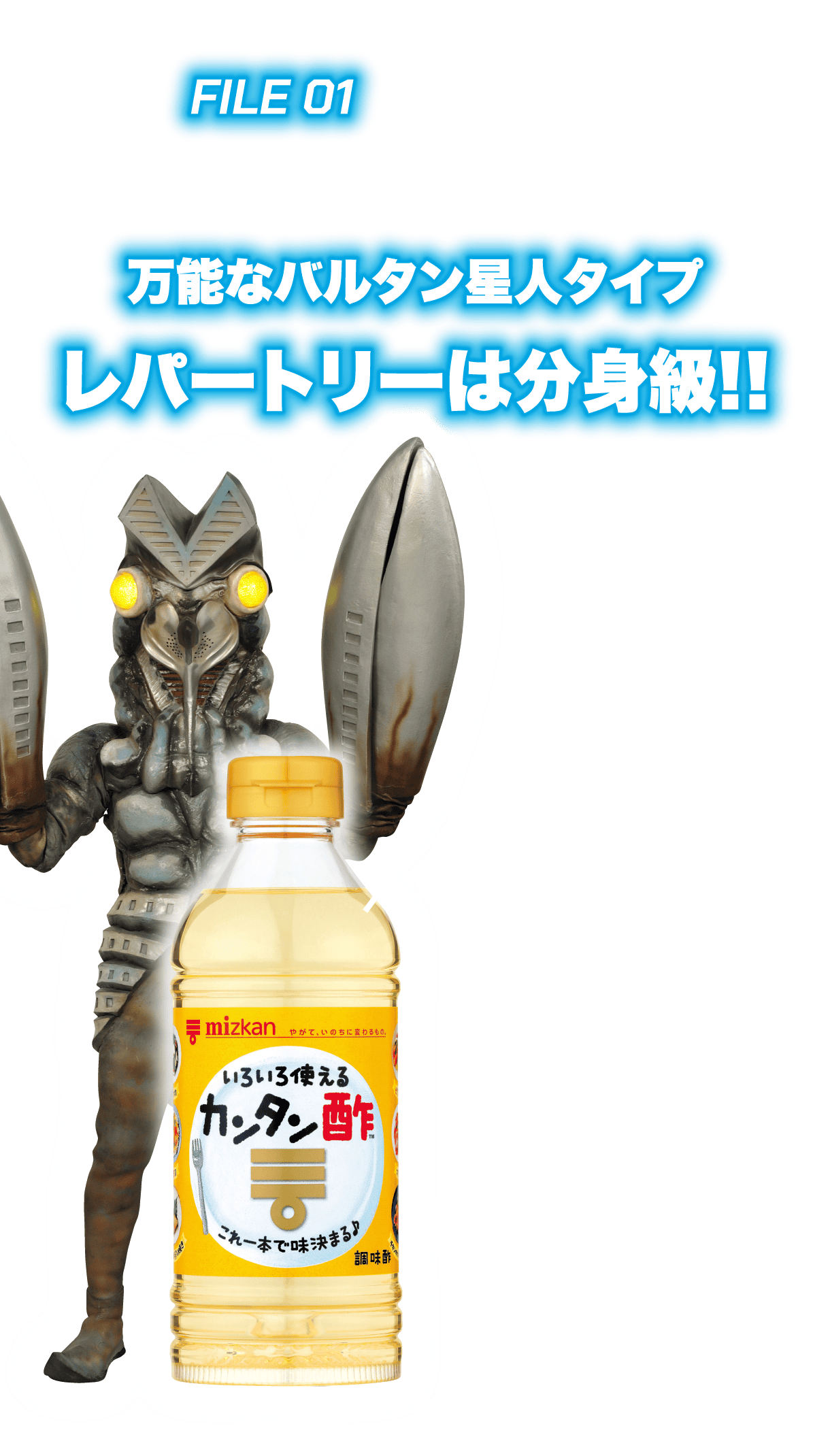 FILE 01 万能なバルタン星人タイプレパートリーは分身級!!
          ・これ1本で味付け決まる
          ・炒める、漬ける、和える、かけると万能
          ・和洋中おまかせ