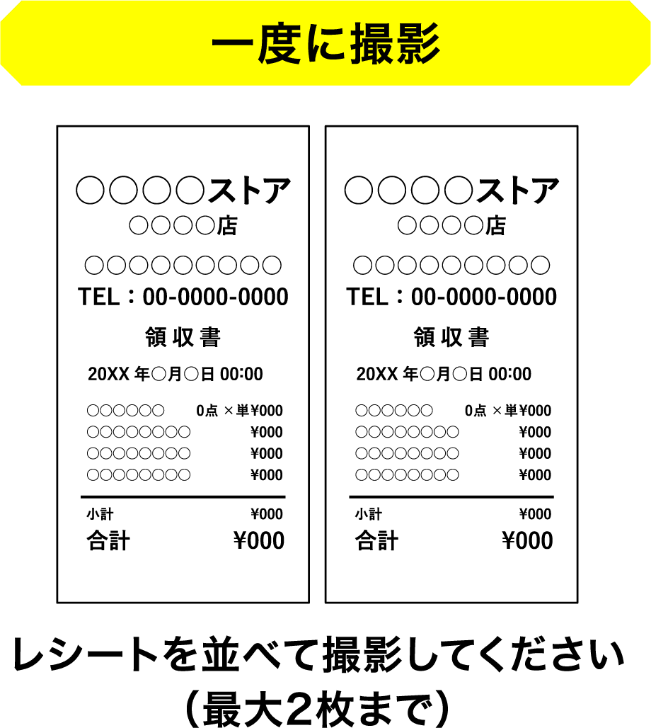 一度に撮影 レシートを並べて撮影してください(最大2枚まで)